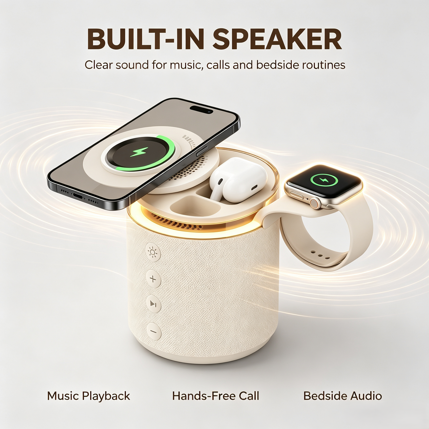 3-in-1 Magnetic Wireless Charging Speaker, Bluetooth Speaker, 15W iPhone Charger, Warm Night Light & Device Stand