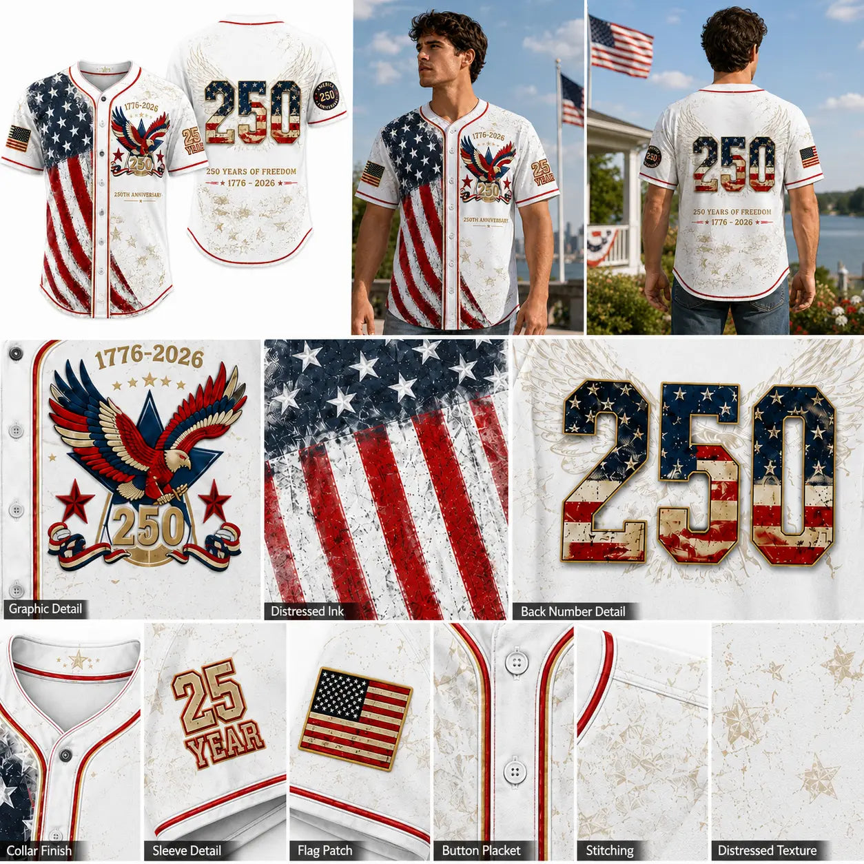 Unisex Button Down Baseball Jersey for Men & Women, USA 250th Anniversary Patriotic Shirt, American Flag Eagle Print 1776-2026