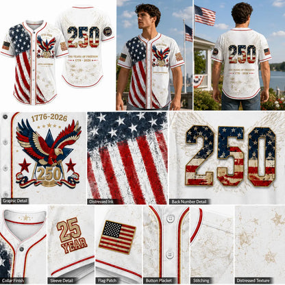 Unisex Button Down Baseball Jersey for Men & Women, USA 250th Anniversary Patriotic Shirt, American Flag Eagle Print 1776-2026