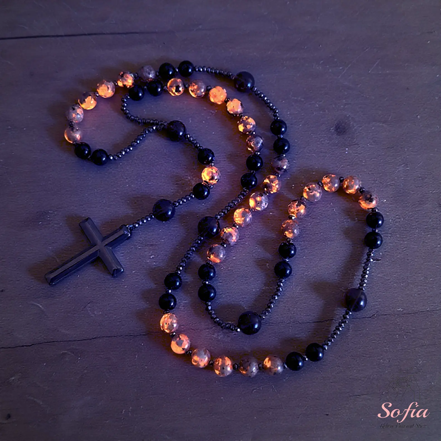 Natural Obsidian Yooperlite Rosary Necklace, UV Reactive Energy Protection Healing Crystal