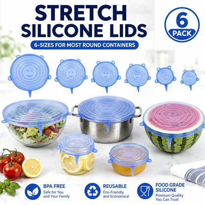 🥗6 Pack Silicone Stretch Lids, Reusable Food Grade Bowl Covers with 6 Sizes, Stretchable Silicone Sealing Lids for Bowls, Cups, Pots & Fruits