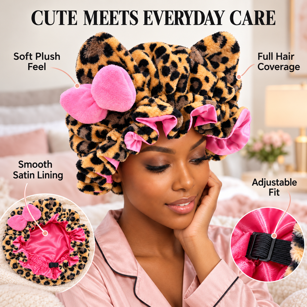🎀 Cute & Cozy Leopard Plush Satin-Lined Bonnet 🐆 | Adjustable Hair Sleep Cap — Best Gift for Her 💕