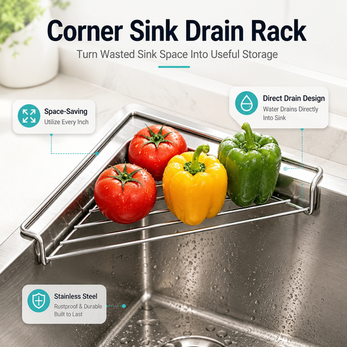 🔥LAST DAY 49% OFF🔥Stainless Steel Corner Sink Drain Rack | Kitchen Organizer🏠