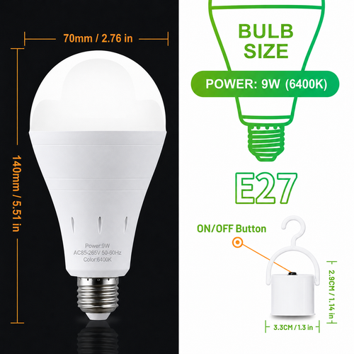 🔥LAST DAY 49% OFF🔥💡Rechargeable Emergency Light Bulb | 9W Battery Backup LED Bulb for Power Outages