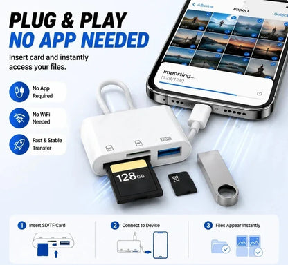 ⚡ Multi-Function SD Card Reader with USB-C/Lightning/USB-A — High-Speed OTG Adapter for iPhone, iPad & Android