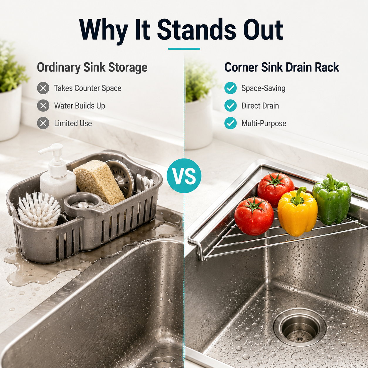 🔥LAST DAY 49% OFF🔥Stainless Steel Corner Sink Drain Rack | Kitchen Organizer🏠