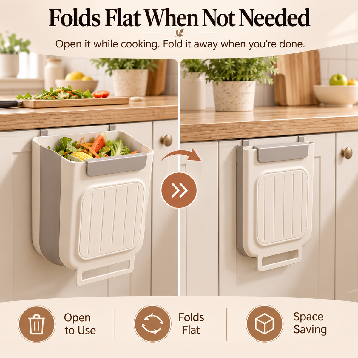 🔥 Limited-Time 49% OFF 🗑️Foldable Hanging Kitchen Trash Can | No-Bend, Space-Saving Cabinet Bin🥕
