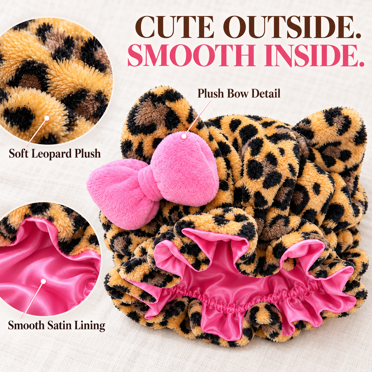 🎀 Cute & Cozy Leopard Plush Satin-Lined Bonnet 🐆 | Adjustable Hair Sleep Cap — Best Gift for Her 💕