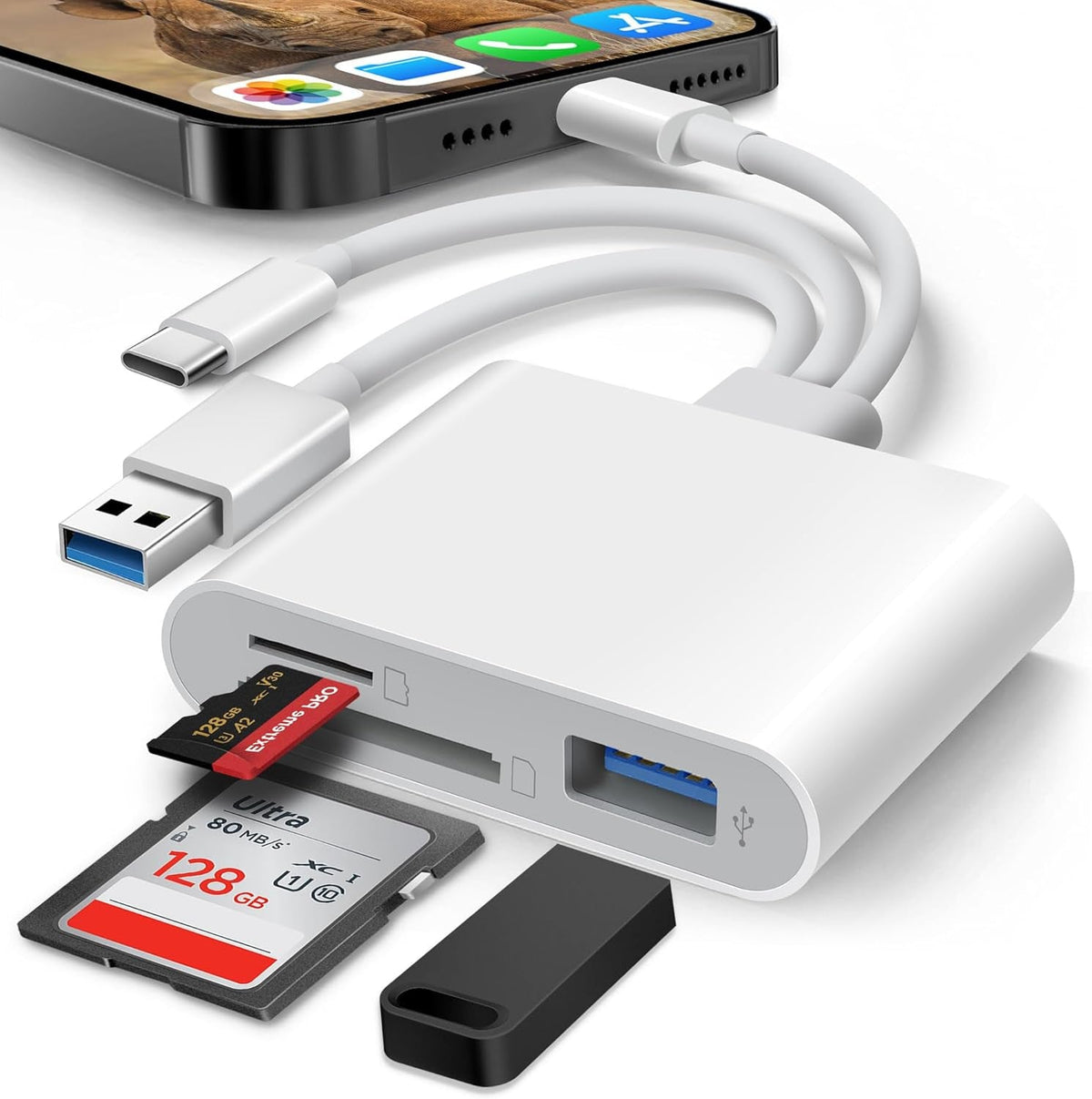 ⚡ Multi-Function SD Card Reader with USB-C/Lightning/USB-A — High-Speed OTG Adapter for iPhone, iPad & Android