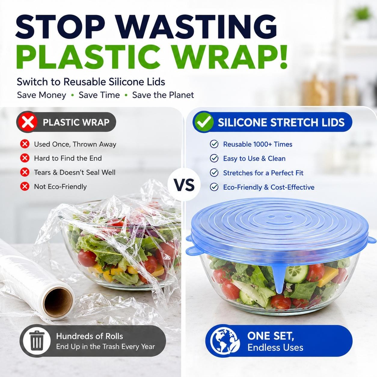 🥗6 Pack Silicone Stretch Lids, Reusable Food Grade Bowl Covers with 6 Sizes, Stretchable Silicone Sealing Lids for Bowls, Cups, Pots & Fruits