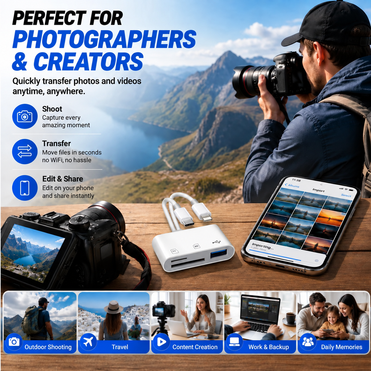 ⚡ Multi-Function SD Card Reader with USB-C/Lightning/USB-A — High-Speed OTG Adapter for iPhone, iPad & Android