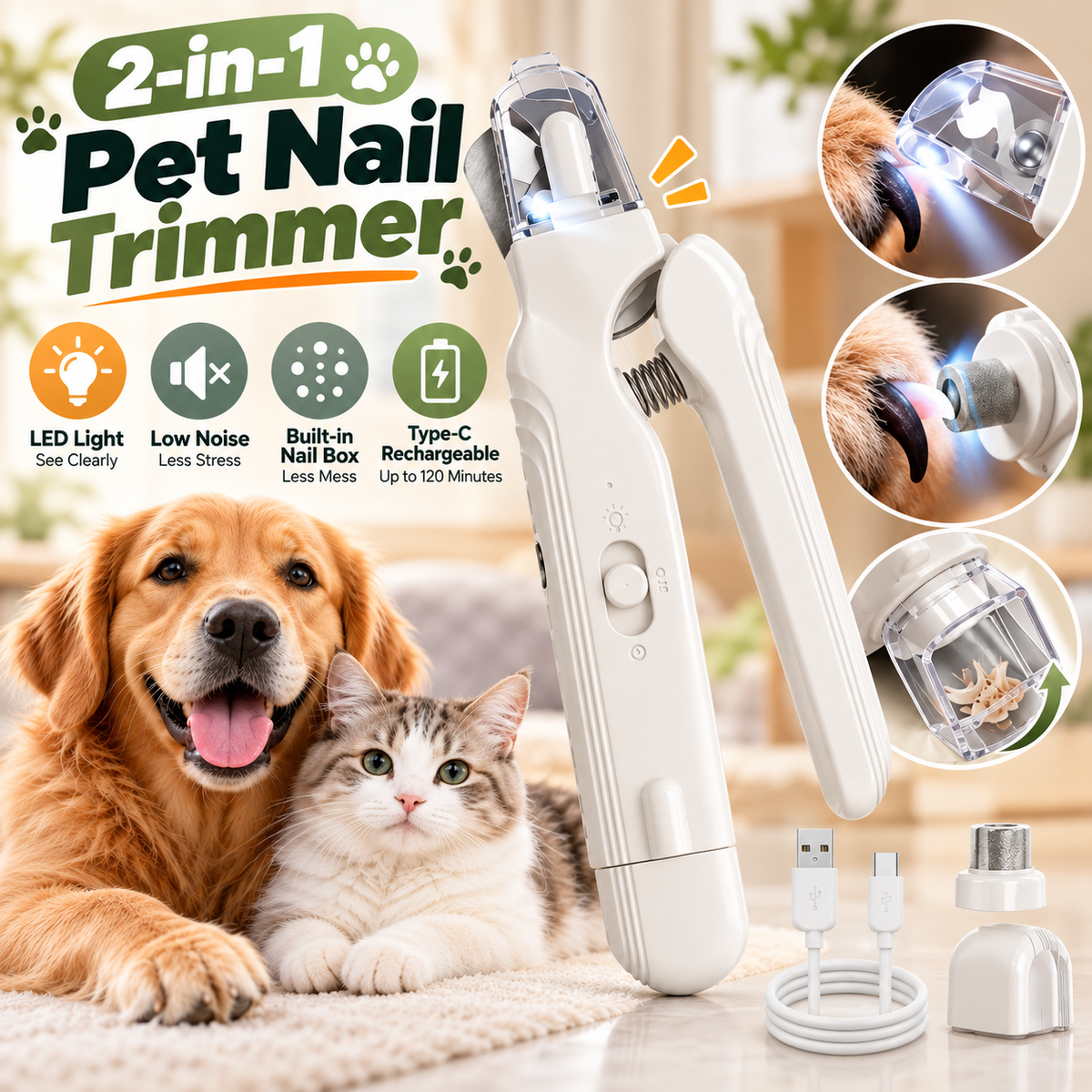 💥 LIMITED TIME 49% OFF 🐾 2-in-1 Pet Nail Clipper & Grinder ✨ LED Light, Low-Noise & Rechargeable