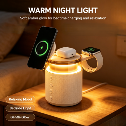 3-in-1 Magnetic Wireless Charging Speaker, Bluetooth Speaker, 15W iPhone Charger, Warm Night Light & Device Stand