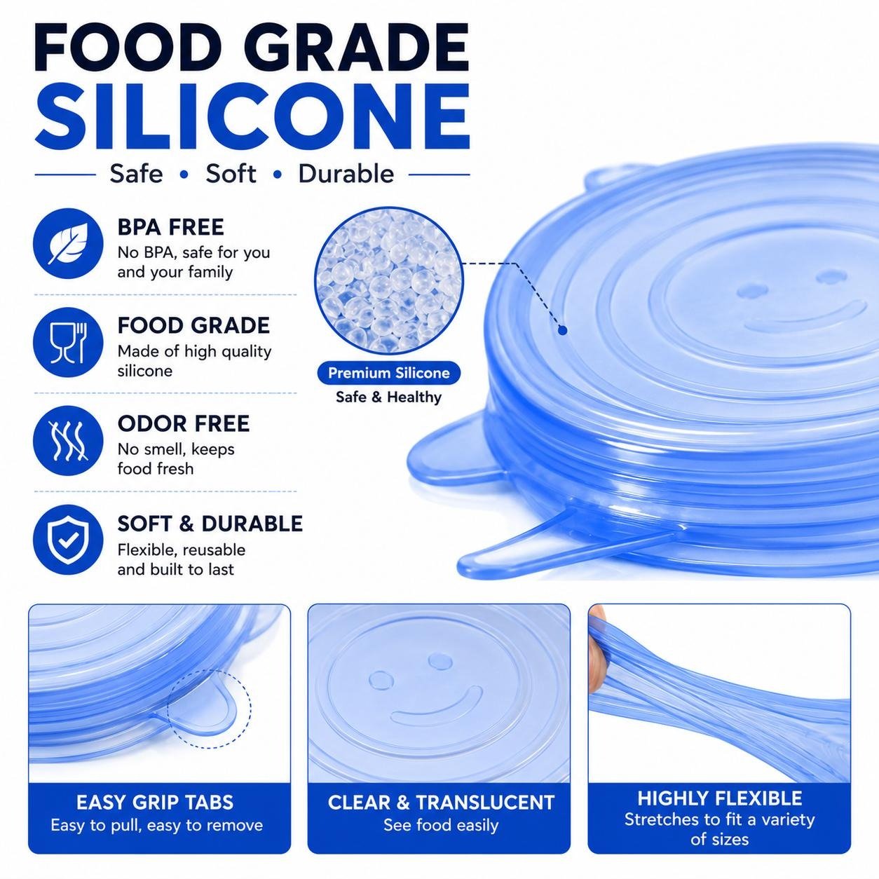 🥗6 Pack Silicone Stretch Lids, Reusable Food Grade Bowl Covers with 6 Sizes, Stretchable Silicone Sealing Lids for Bowls, Cups, Pots & Fruits