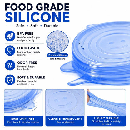 🥗6 Pack Silicone Stretch Lids, Reusable Food Grade Bowl Covers with 6 Sizes, Stretchable Silicone Sealing Lids for Bowls, Cups, Pots & Fruits