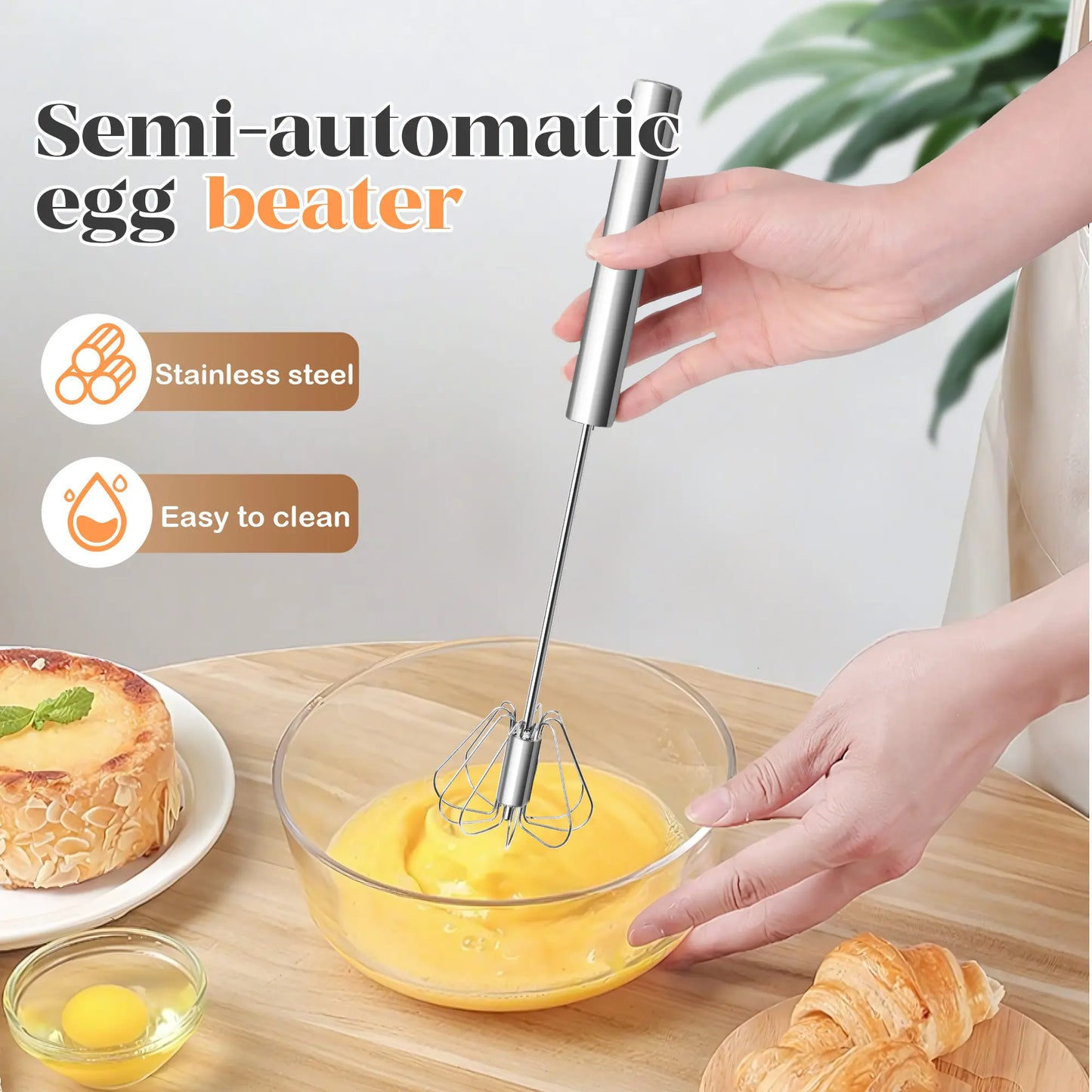 🥚☕Stainless Steel Hand-Push Rotary Whisk, Food-Grade Rust-Resistant Kitchen Utensil with Sturdy Riveted Construction.