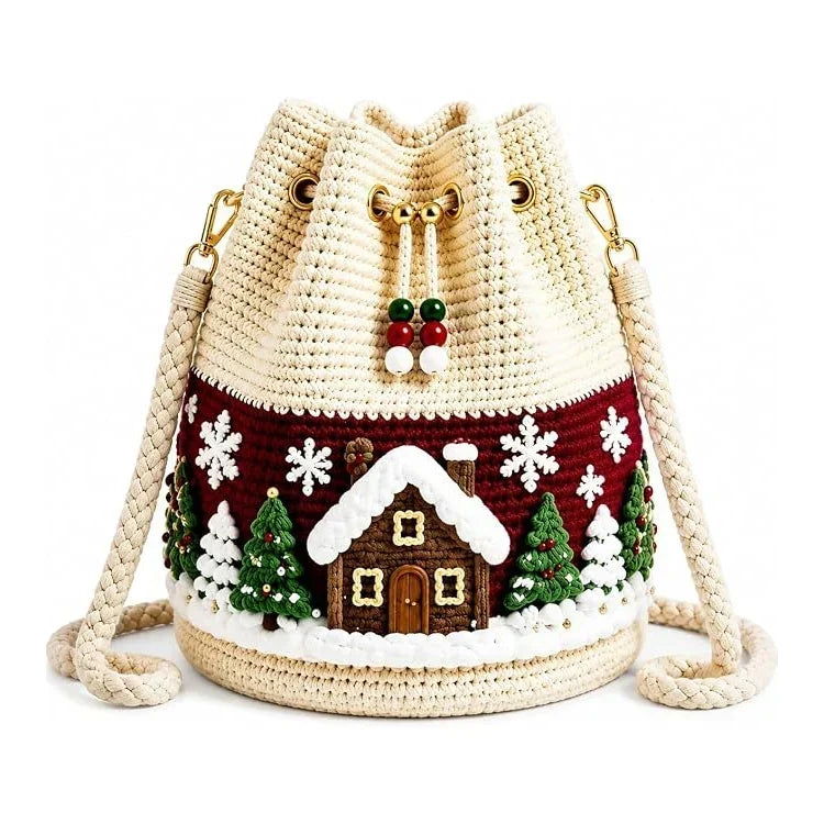 🎄 3D Crochet Christmas Bucket Bag ✨ Festive Crossbody Purse with Detachable Strap