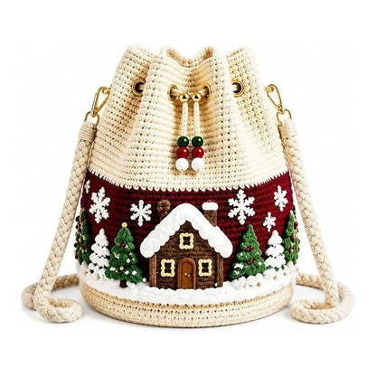 🎄 3D Crochet Christmas Bucket Bag ✨ Festive Crossbody Purse with Detachable Strap