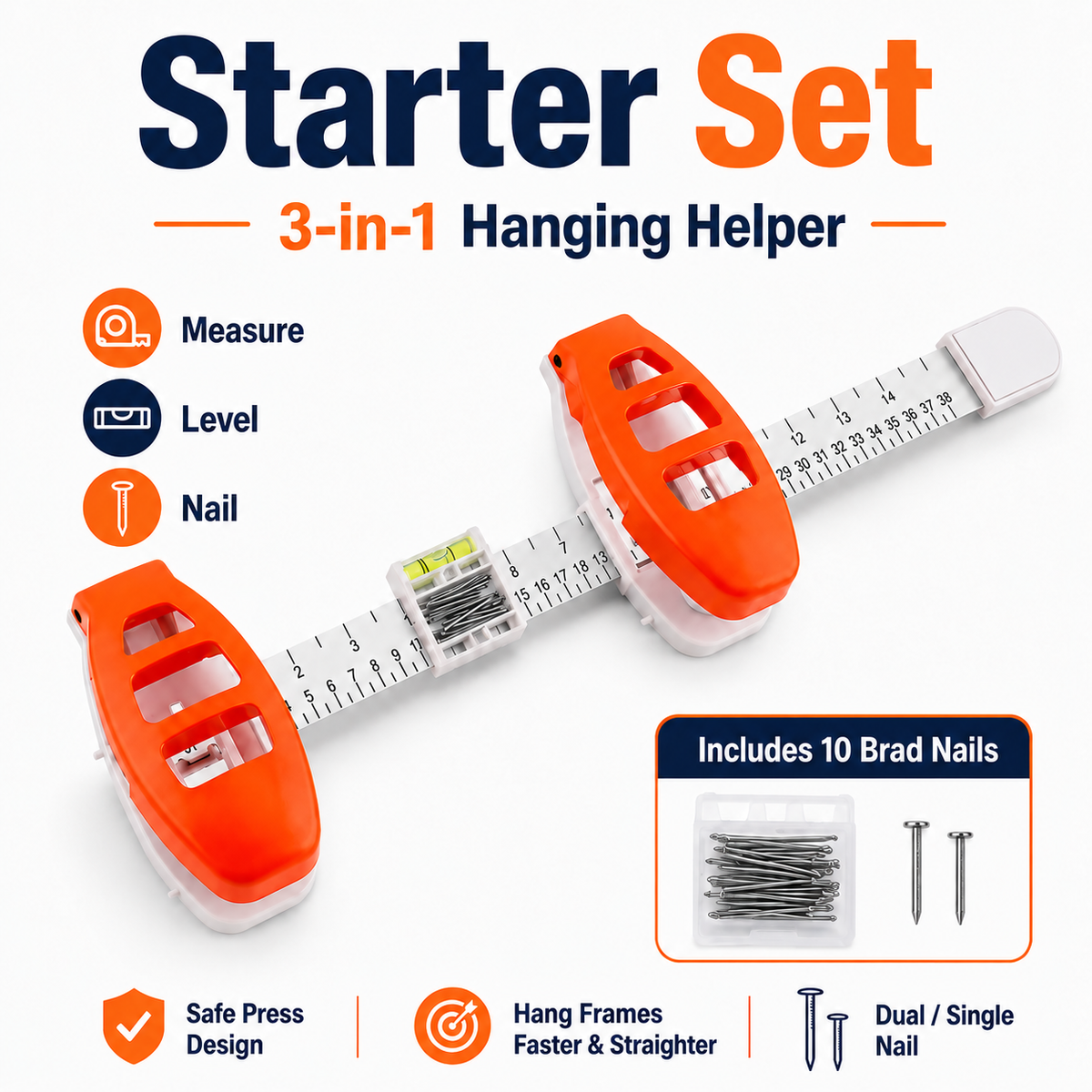 🔥 Limited-Time 49% OFF🖼️ All-in-One Picture Hanging Tool with Level & Dual Nail Positioners + 10/40 Nails