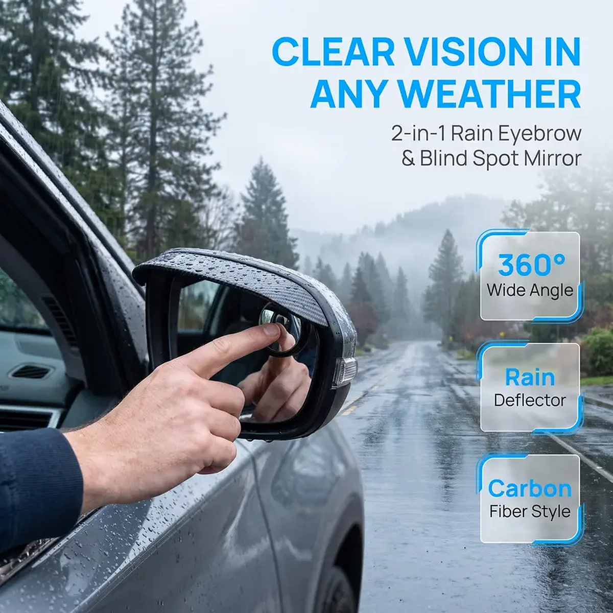 🔥 49% OFF - 🌧️ 2-in-1 Car Mirror Rain Visor + 360° Blind Spot Mirror · Clip-On Carbon Fiber Style