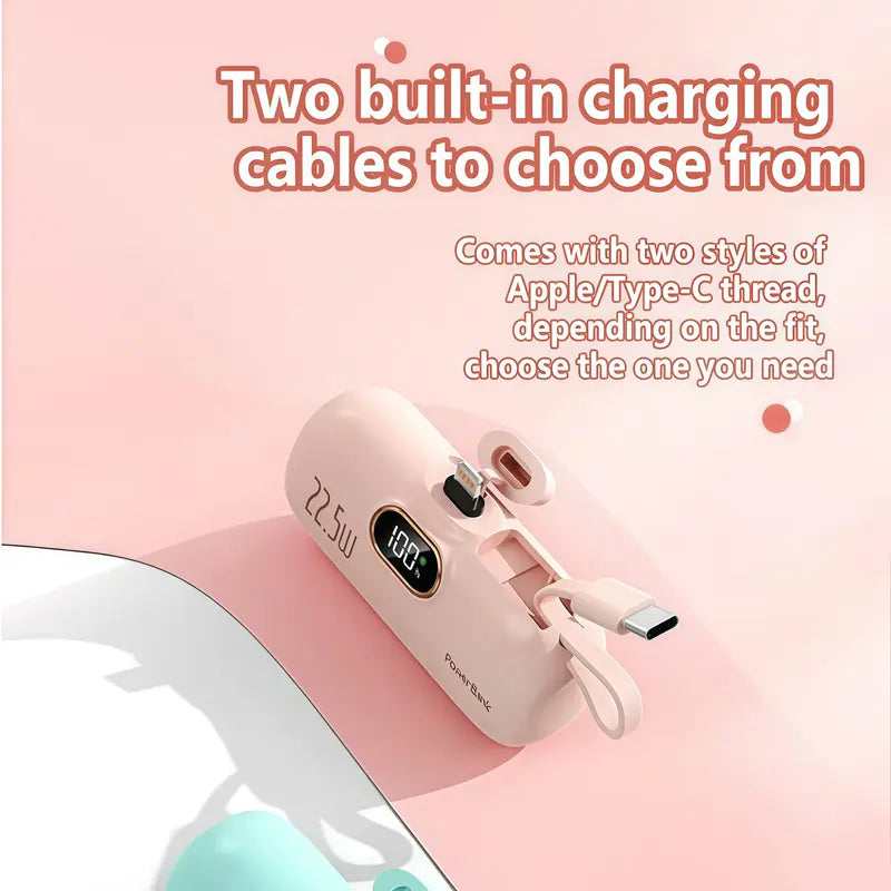 🪫→🔋5000mAh Mini Power Bank with Built-In Cable | 22.5W Fast Charge