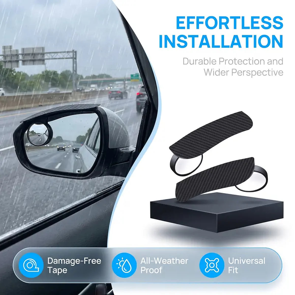 🔥 49% OFF - 🌧️ 2-in-1 Car Mirror Rain Visor + 360° Blind Spot Mirror · Clip-On Carbon Fiber Style