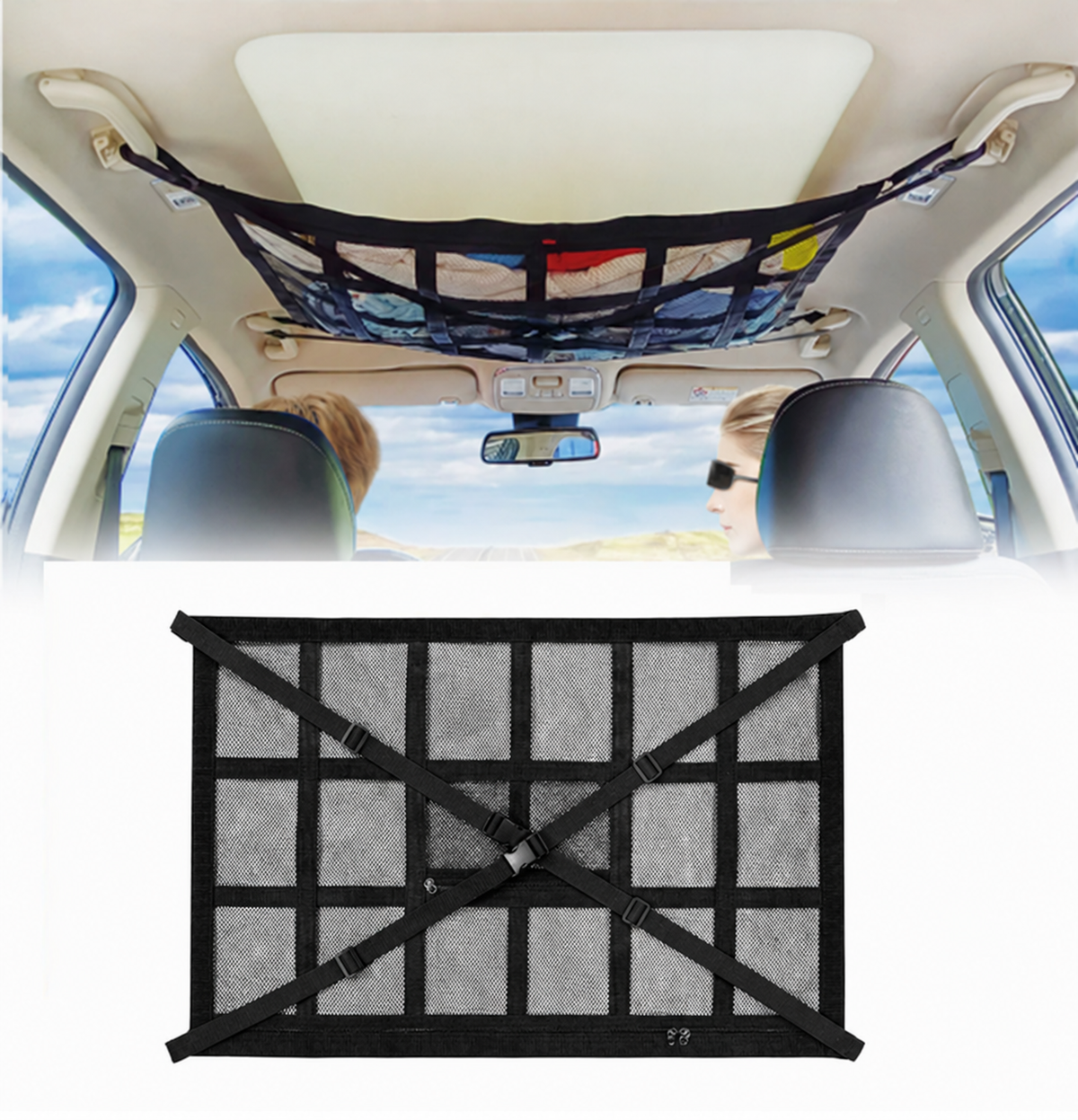🔥 Limited-Time 49% OFF |🚙Overhead Storage Net – Double Zipper Car Ceiling Organize🏕️