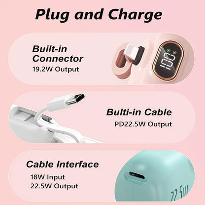 🪫→🔋5000mAh Mini Power Bank with Built-In Cable | 22.5W Fast Charge