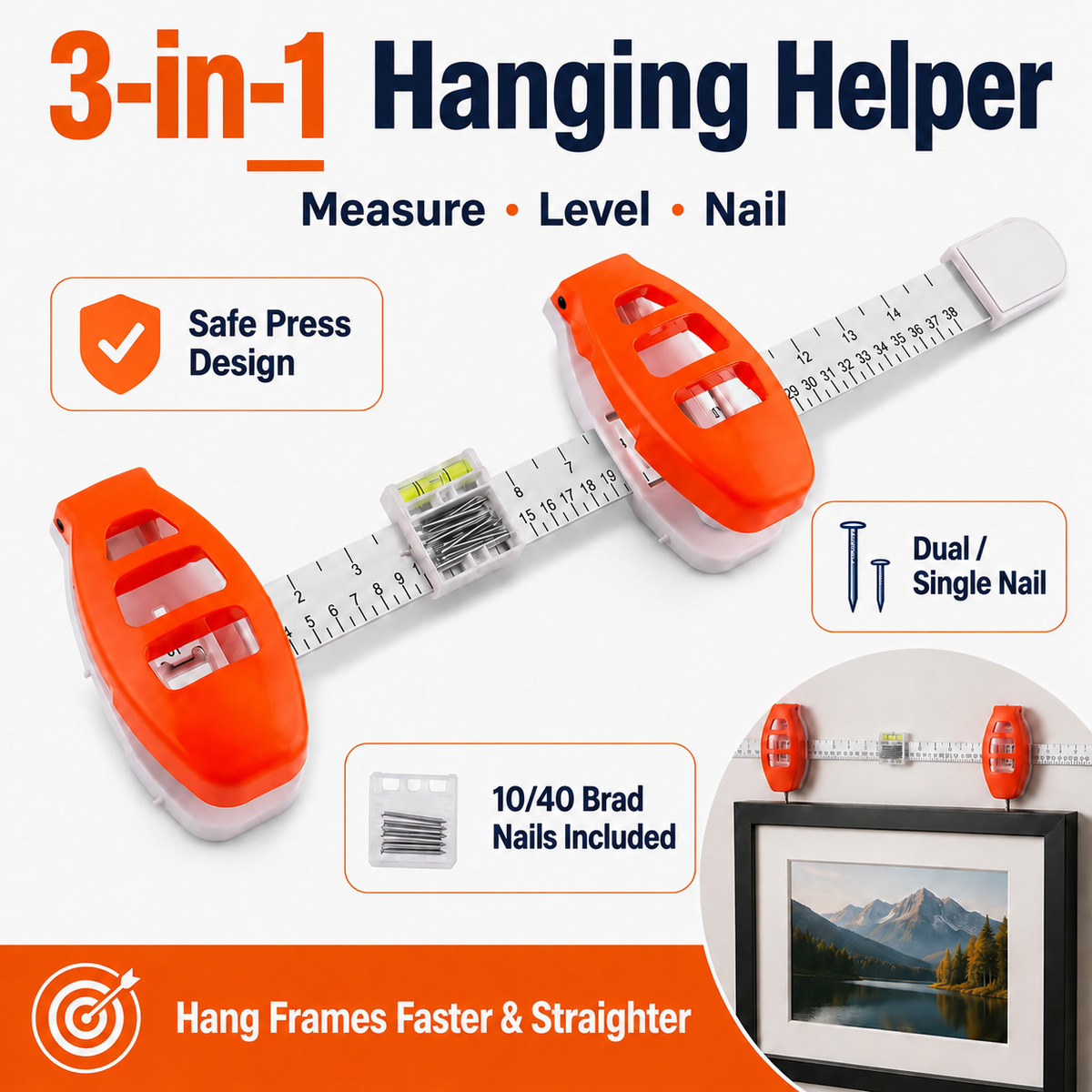 🔥 Limited-Time 49% OFF🖼️ All-in-One Picture Hanging Tool with Level & Dual Nail Positioners + 10/40 Nails