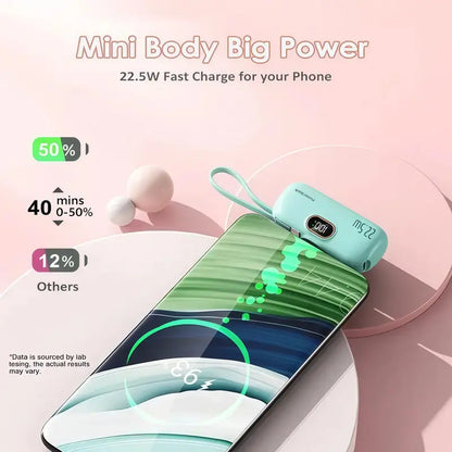 🪫→🔋5000mAh Mini Power Bank with Built-In Cable | 22.5W Fast Charge