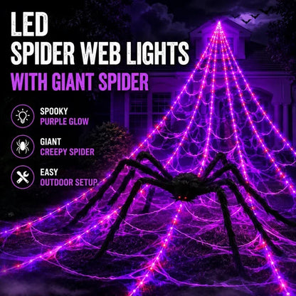 👻Halloween LED Spider Web Lights & Giant Black Spider Decor | 250 LEDs, 8 Modes, Remote Control✨