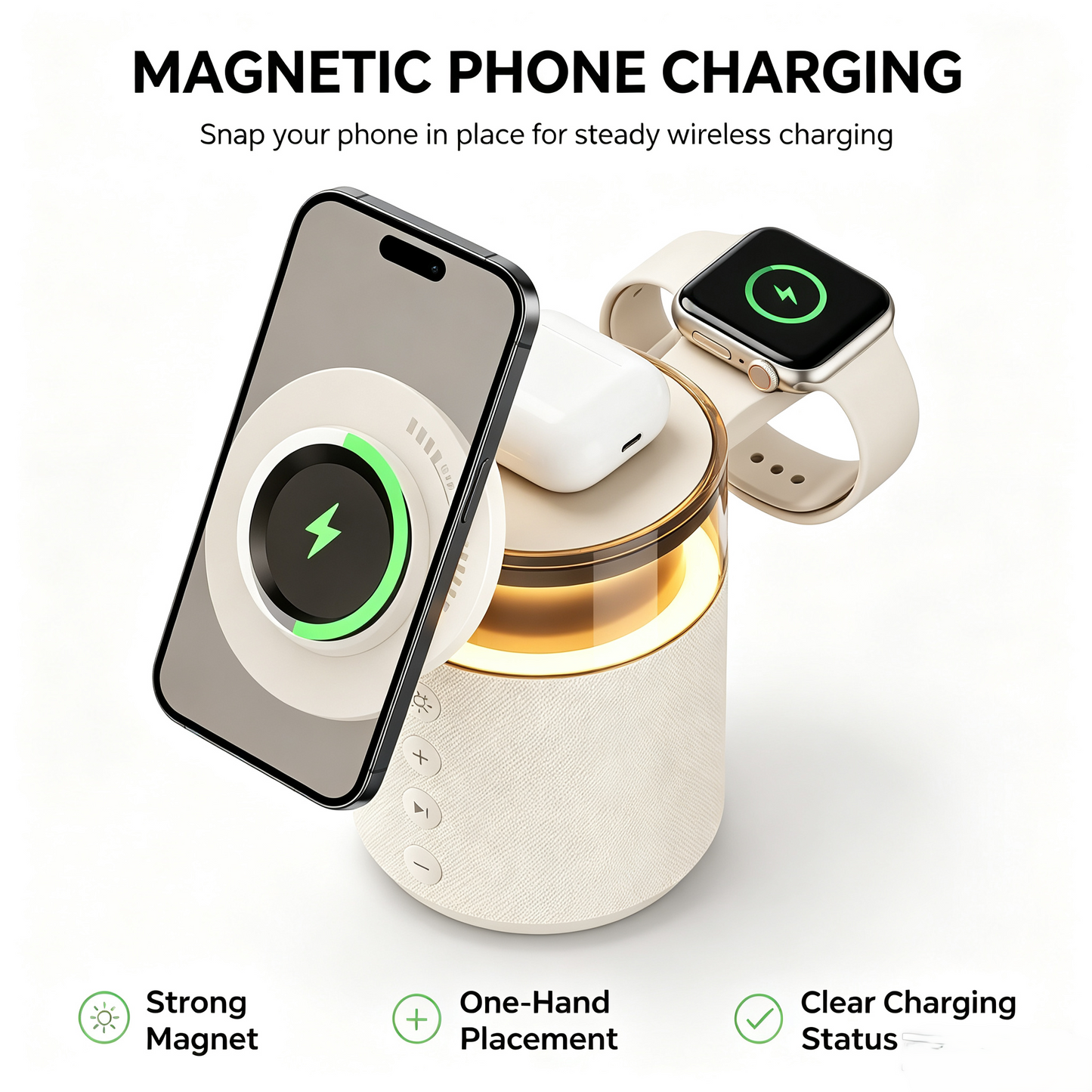 3-in-1 Magnetic Wireless Charging Speaker, Bluetooth Speaker, 15W iPhone Charger, Warm Night Light & Device Stand