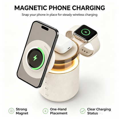 3-in-1 Magnetic Wireless Charging Speaker, Bluetooth Speaker, 15W iPhone Charger, Warm Night Light & Device Stand