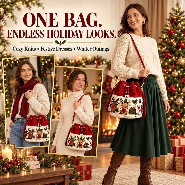 🎄 3D Crochet Christmas Bucket Bag ✨ Festive Crossbody Purse with Detachable Strap