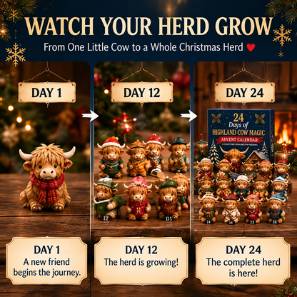 ⏳ Last Day 49% OFF –🐮24-Day Highland Cow Advent Calendar, Christmas Countdown Gift Box with Collectible