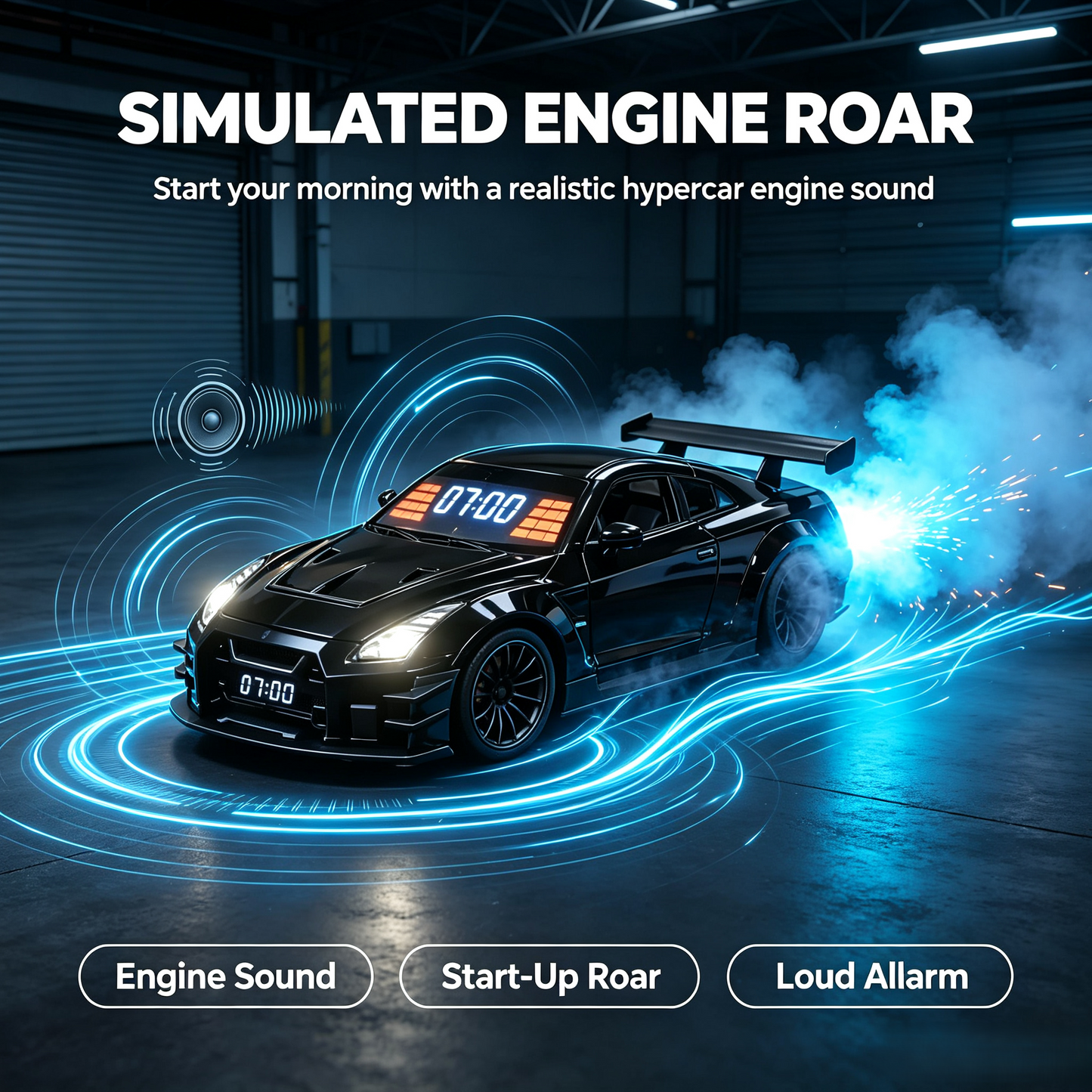 🏎️Hypercar Alarm Clock⏰GTR Sport Car Model Clock with Realistic Exhaust Flame, Smoke & LED Light Effects🔥