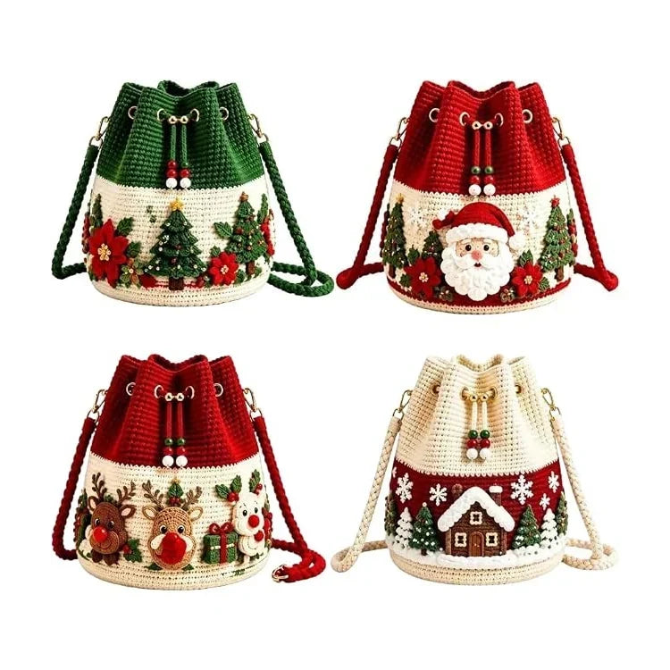 🎄 3D Crochet Christmas Bucket Bag ✨ Festive Crossbody Purse with Detachable Strap