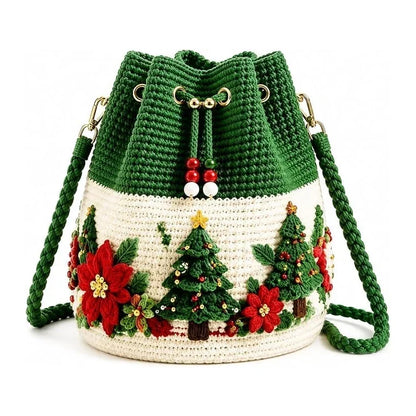 🎄 3D Crochet Christmas Bucket Bag ✨ Festive Crossbody Purse with Detachable Strap