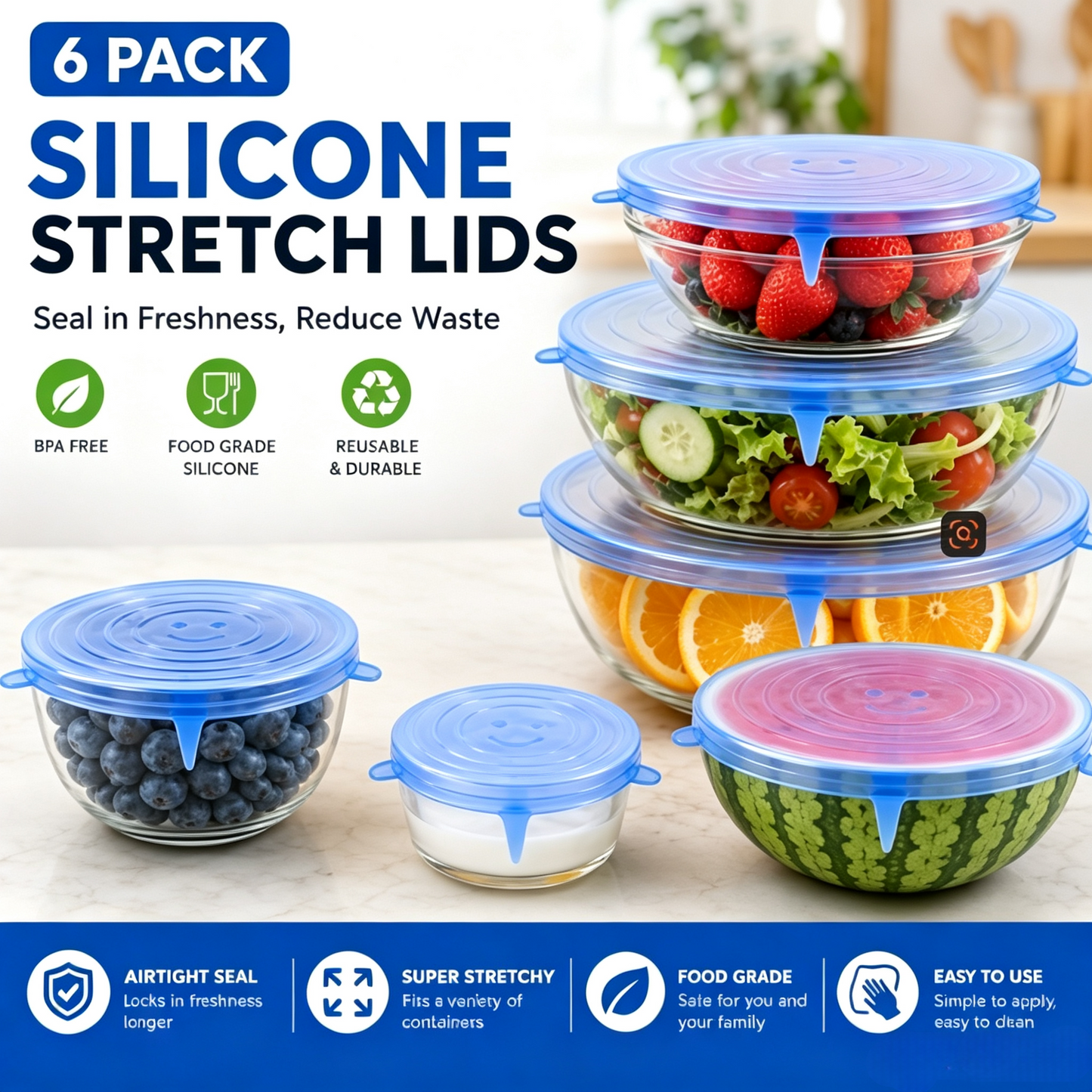 🔥LAST DAY 50% OFF🥗 6-Pack Silicone Stretch Lids – Reusable♻️, BPA-Free & Leak-Proof Covers for Bowls, Pots, Cups & Fruits