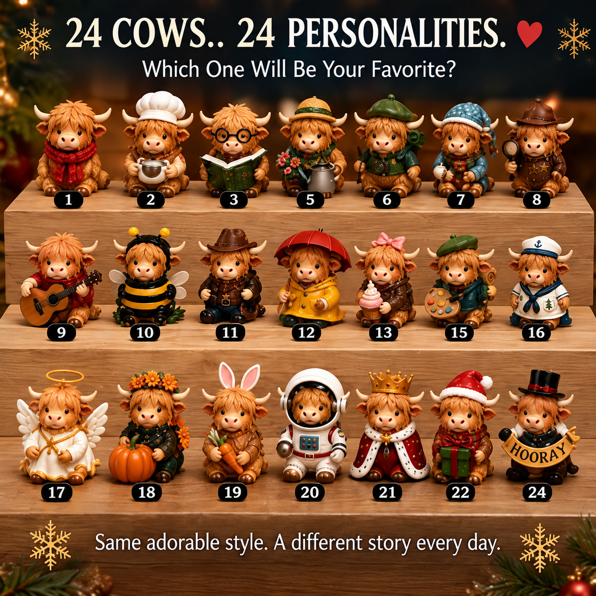 ⏳ Last Day 49% OFF –🐮24-Day Highland Cow Advent Calendar, Christmas Countdown Gift Box with Collectible