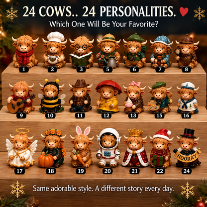⏳ Last Day 49% OFF –🐮24-Day Highland Cow Advent Calendar, Christmas Countdown Gift Box with Collectible