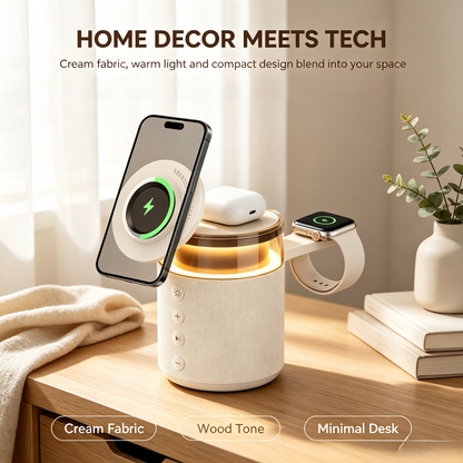 3-in-1 Magnetic Wireless Charging Speaker, Bluetooth Speaker, 15W iPhone Charger, Warm Night Light & Device Stand