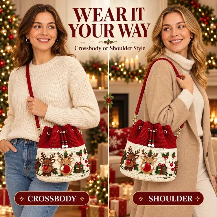 🎄 3D Crochet Christmas Bucket Bag ✨ Festive Crossbody Purse with Detachable Strap