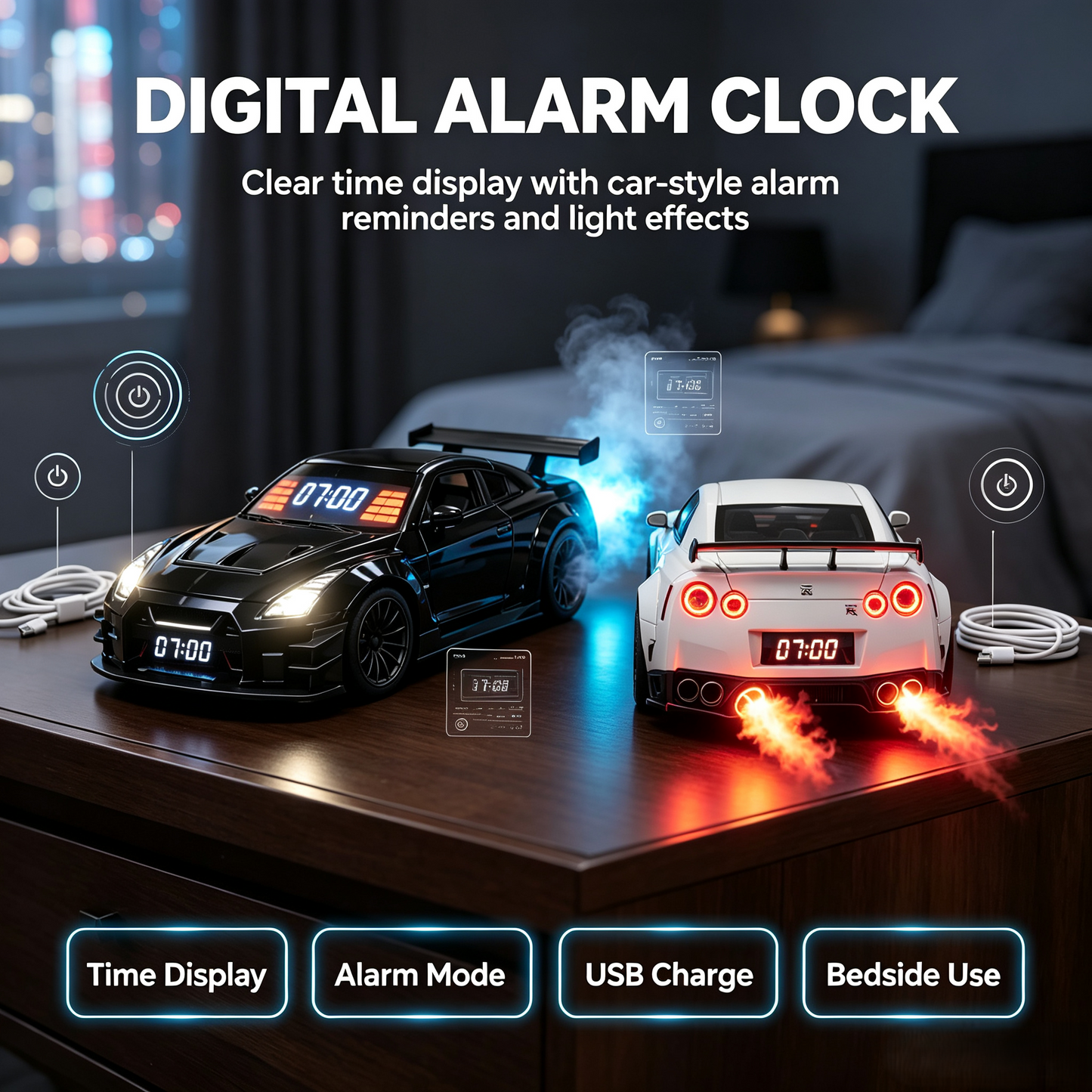 🏎️Hypercar Alarm Clock⏰GTR Sport Car Model Clock with Realistic Exhaust Flame, Smoke & LED Light Effects🔥