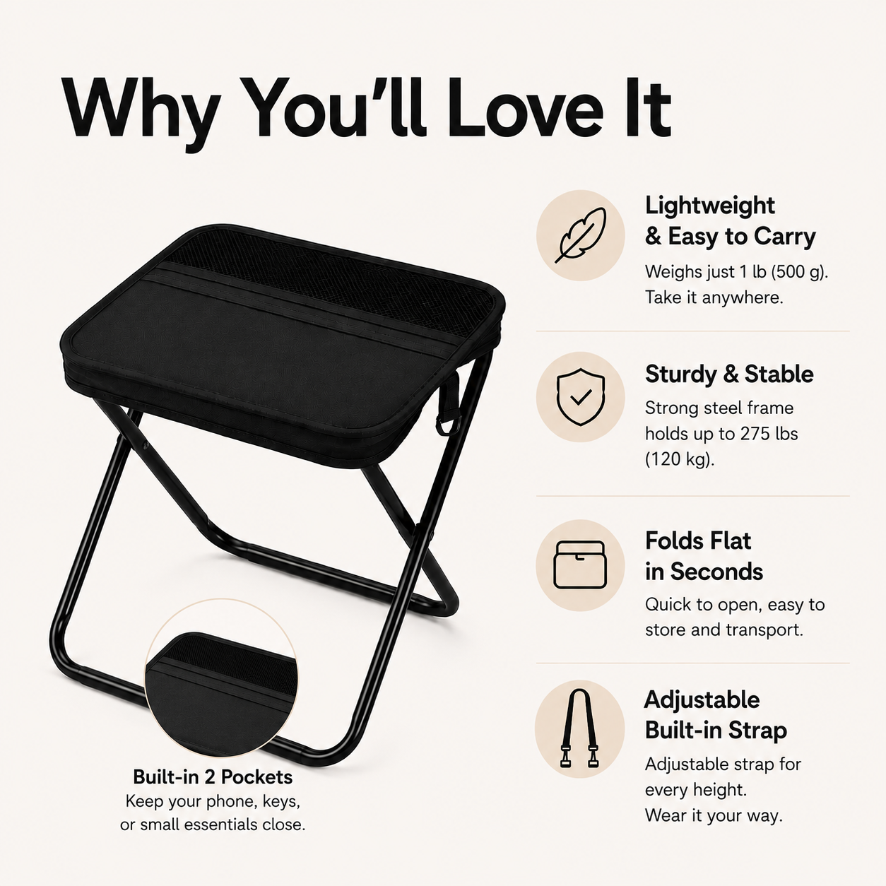 Limited Time 49% OFF | Portable Folding Stool with Storage Bag for Camping, Fishing & Travel
