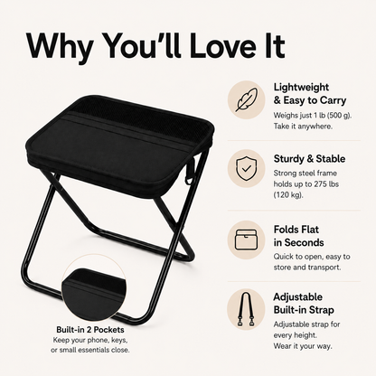 Limited Time 49% OFF | Portable Folding Stool with Storage Bag for Camping, Fishing & Travel