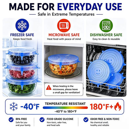 🥗6 Pack Silicone Stretch Lids, Reusable Food Grade Bowl Covers with 6 Sizes, Stretchable Silicone Sealing Lids for Bowls, Cups, Pots & Fruits