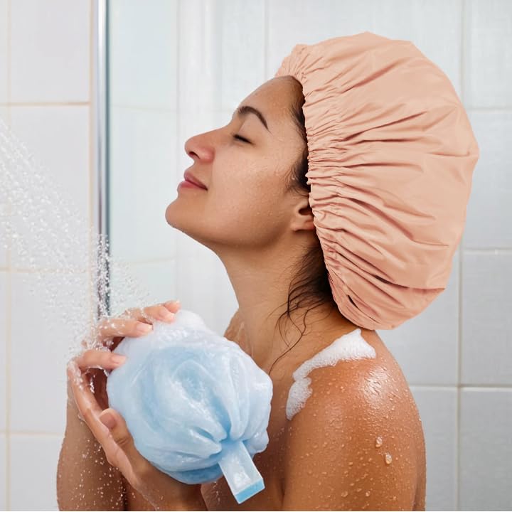 📢49% OFF !!Large Waterproof Reusable Shower Cap, Elastic Washable Bath Cap for Long Curly Hair Spa Travel