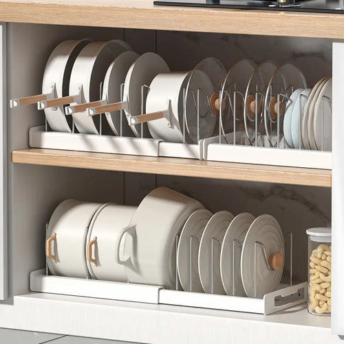🏡12–22″ Stainless Steel Adjustable Expandable Pot and Pan Organizer Rack - Slide Design, Multifunctional Lid Storage