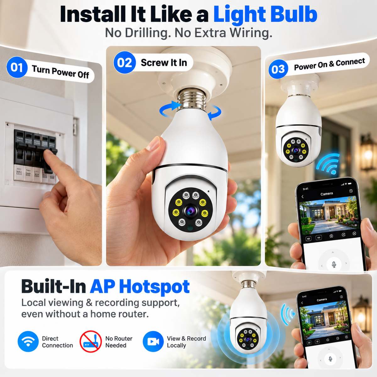 🔥 Limited-Time 50% OFF | Light Bulb Security Camera – Easy Screw-In Installation, 360° Pan & Tilt, Night Vision, Motion Alerts & Two-Way Audio